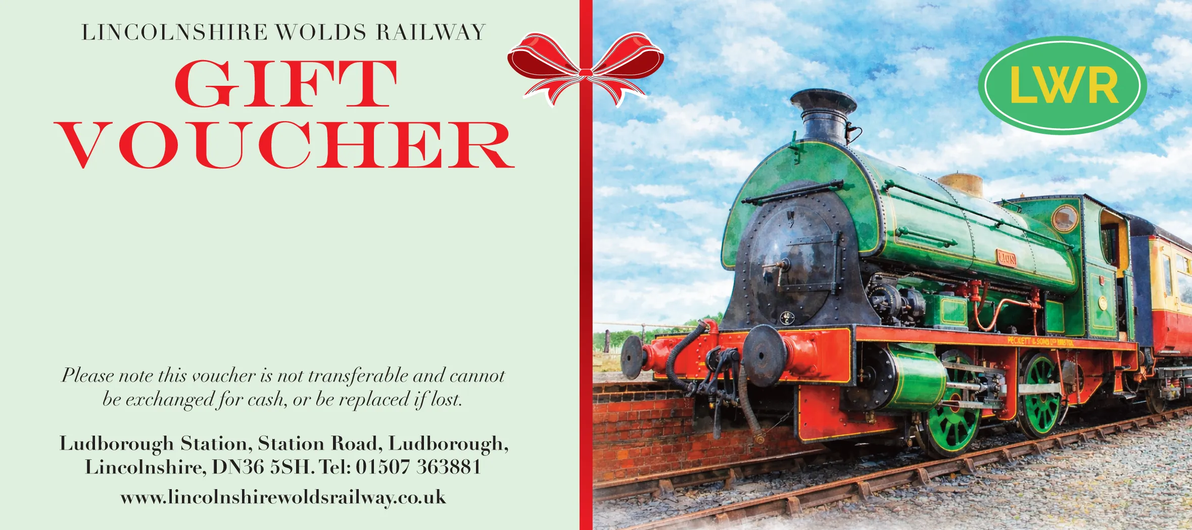 A Lincolnshire Wolds Railway gift voucher, showing Lion in steam alongside the platform