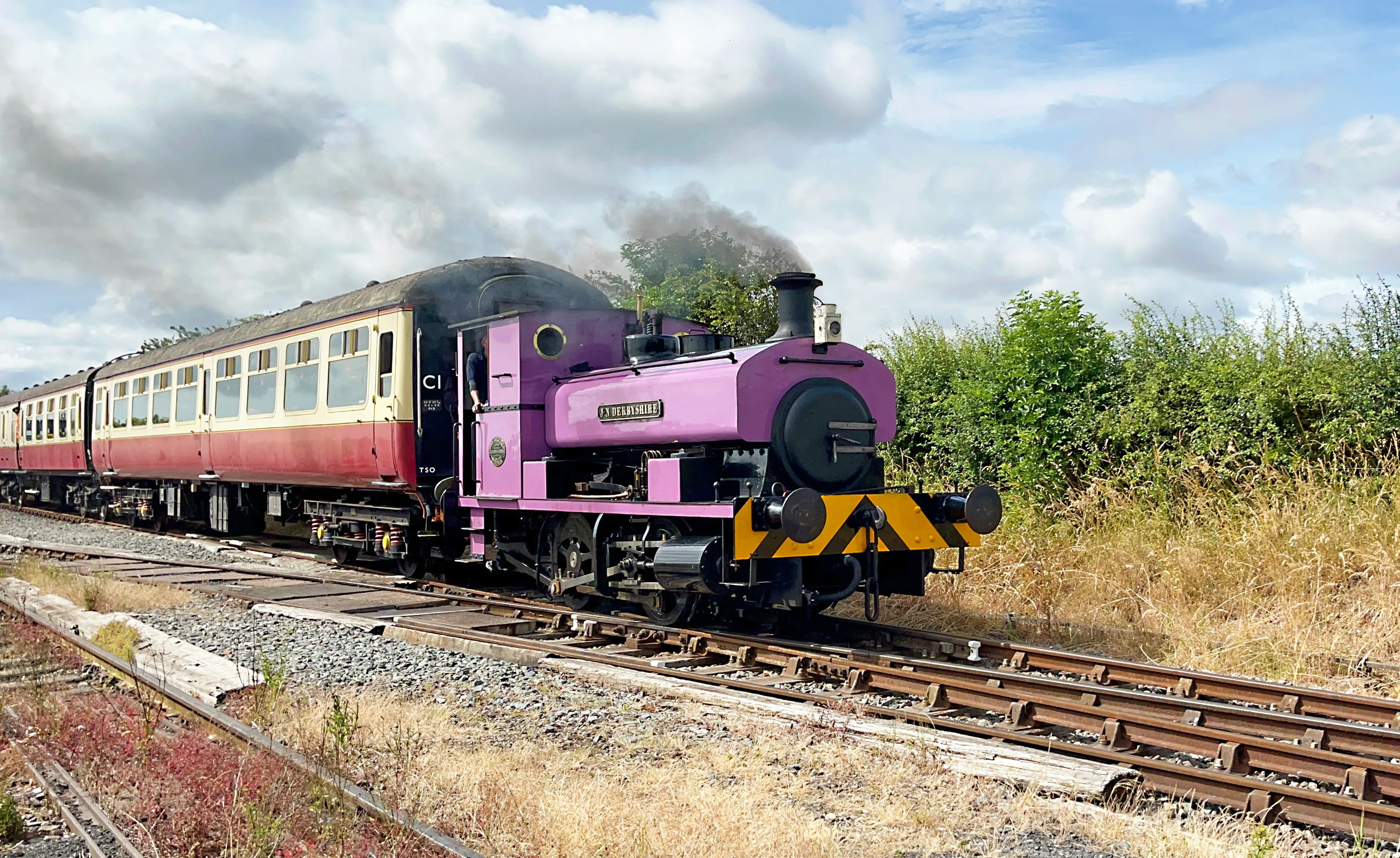 J N Derbyshire, a purple saddle-tank locomotive, on a visit to the Lincolnshire Wolds Railway