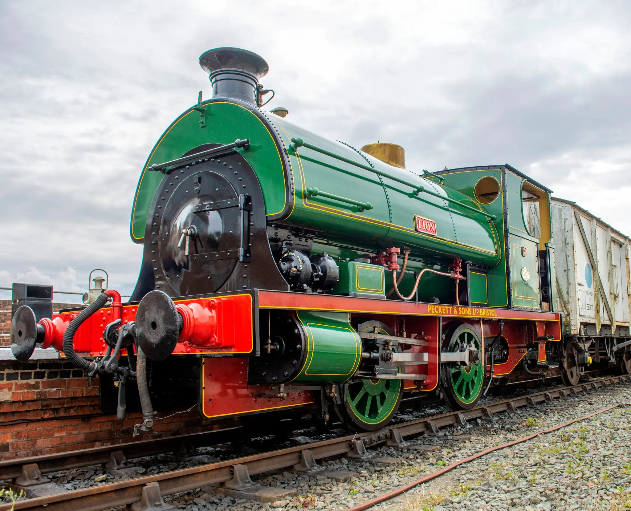 Lion, a restored green Peckett saddle-tank locomotive