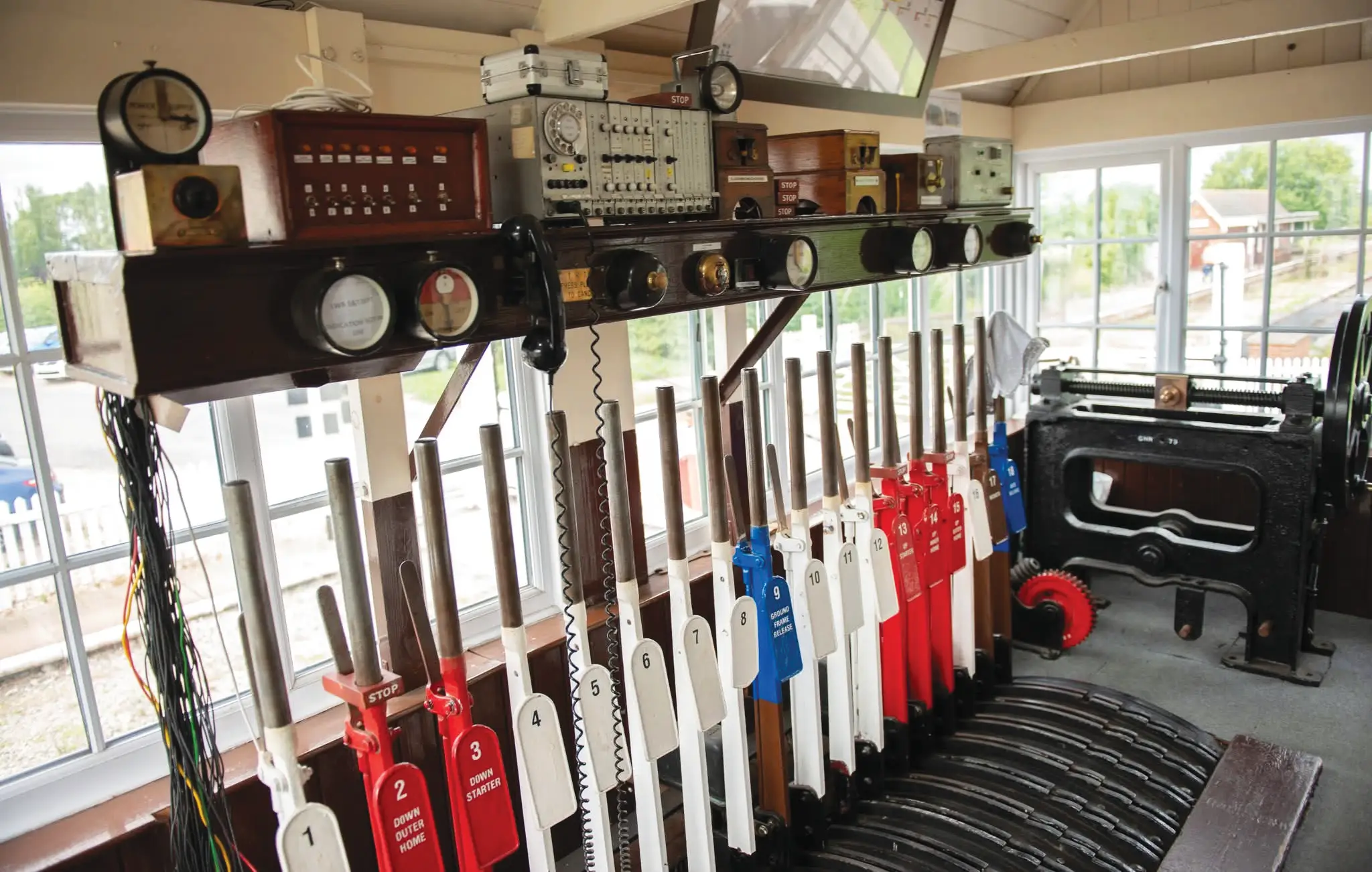 The lever frame and block instruments inside Ludborough signal box